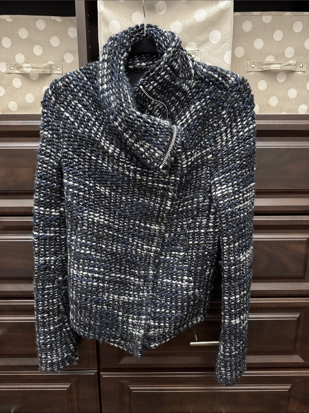 IRO Chunky Knit Zip-Front Jacket in Navy & White